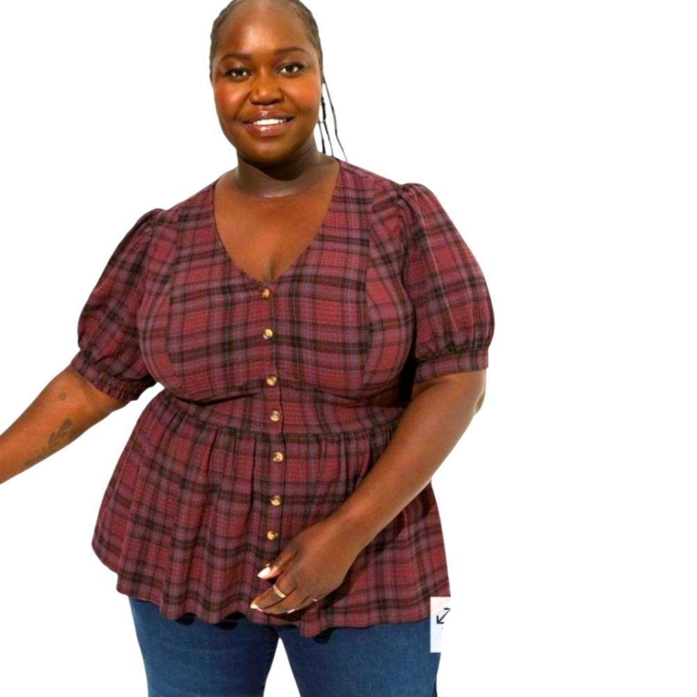 TORRID Babydoll Crinkle Flannel Gauze  Button- Up Short Sleeve Plaid Shirt 1X